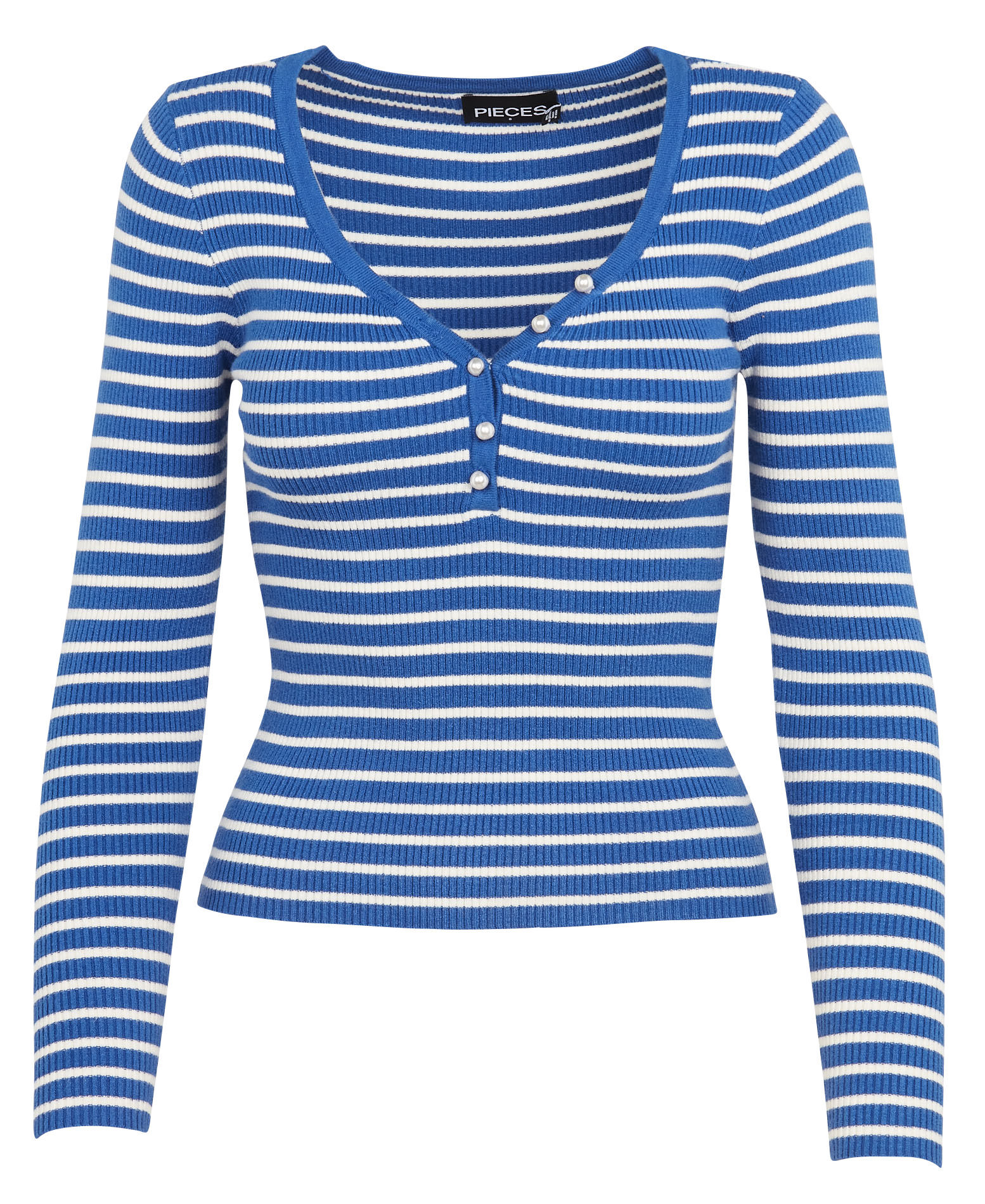 Top col v rayé en maille| Bleu