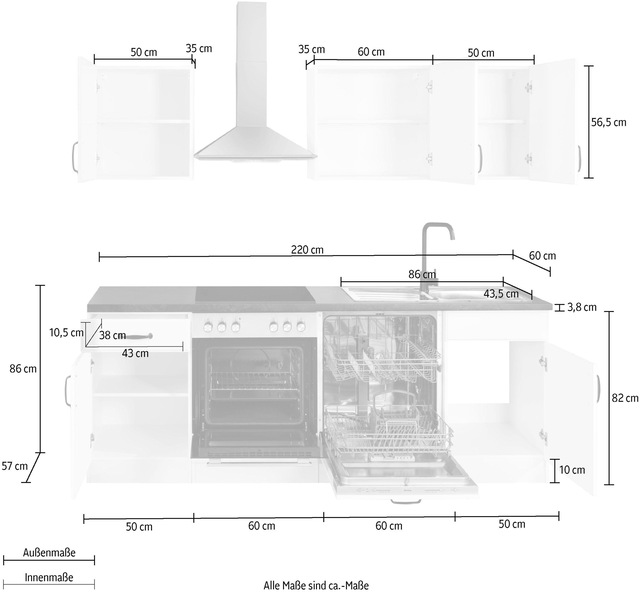 wiho Küchen Küchenzeile »Erla« ohne E-Geräte, Breite 220 cm