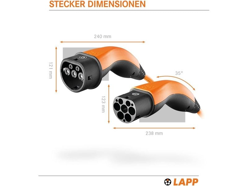 Lapp Ladekabel für Elektroauto Typ 2, 7.4kW, 32A, 5 m, Oran 3-phasiges Helix-Kabel zum Laden von Hybrid- und Elektroautos mit Typ-2-Anschluss