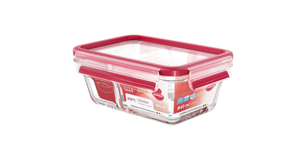 EmsaClip & Close Glazen vershoudbakje, 0,8 L  doos  (Transparant/rood, rechthoekig)