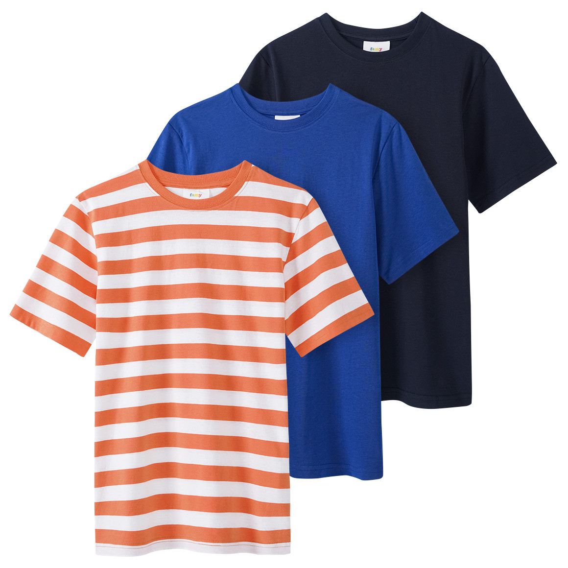 Famy 3 Jungen T-Shirts in verschiedenen Dessins orange / dunkelblau / königsblau