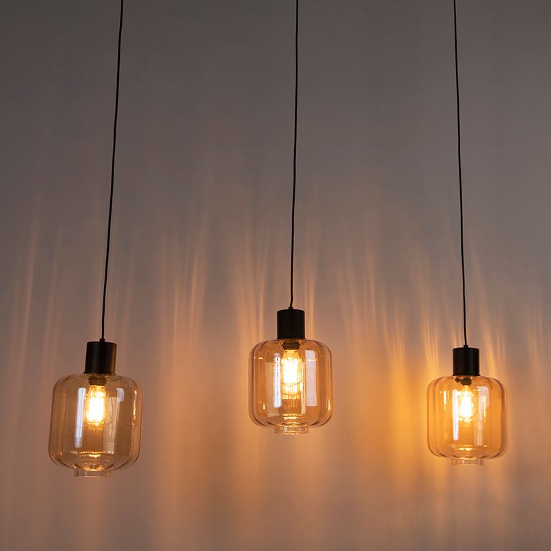 Design hanglamp zwart met amber glas 3-lichts 161,5 cm - Qara