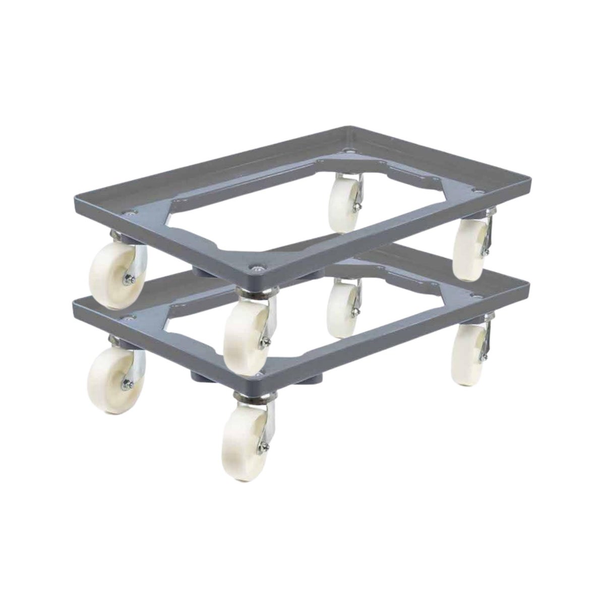 PROREGAL Voordeelset 2x Transportwagens voor Euroboxen 60 x 40 cm met Kunststof Wielen Grijs Open Deck 2 Zwenkwielen en 2 Bokwielen Draagvermogen 300 kg