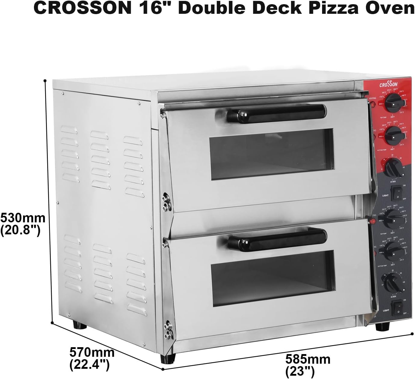 CROSSON Professional Doppel Pizzaofen 4000W,Kommerzieller Pizzabackofen Elektrisch Edelstahl mit 30-Minuten-Timer 350℃ Gastro Steinbackofen für Pizza, Brot und Backwaren