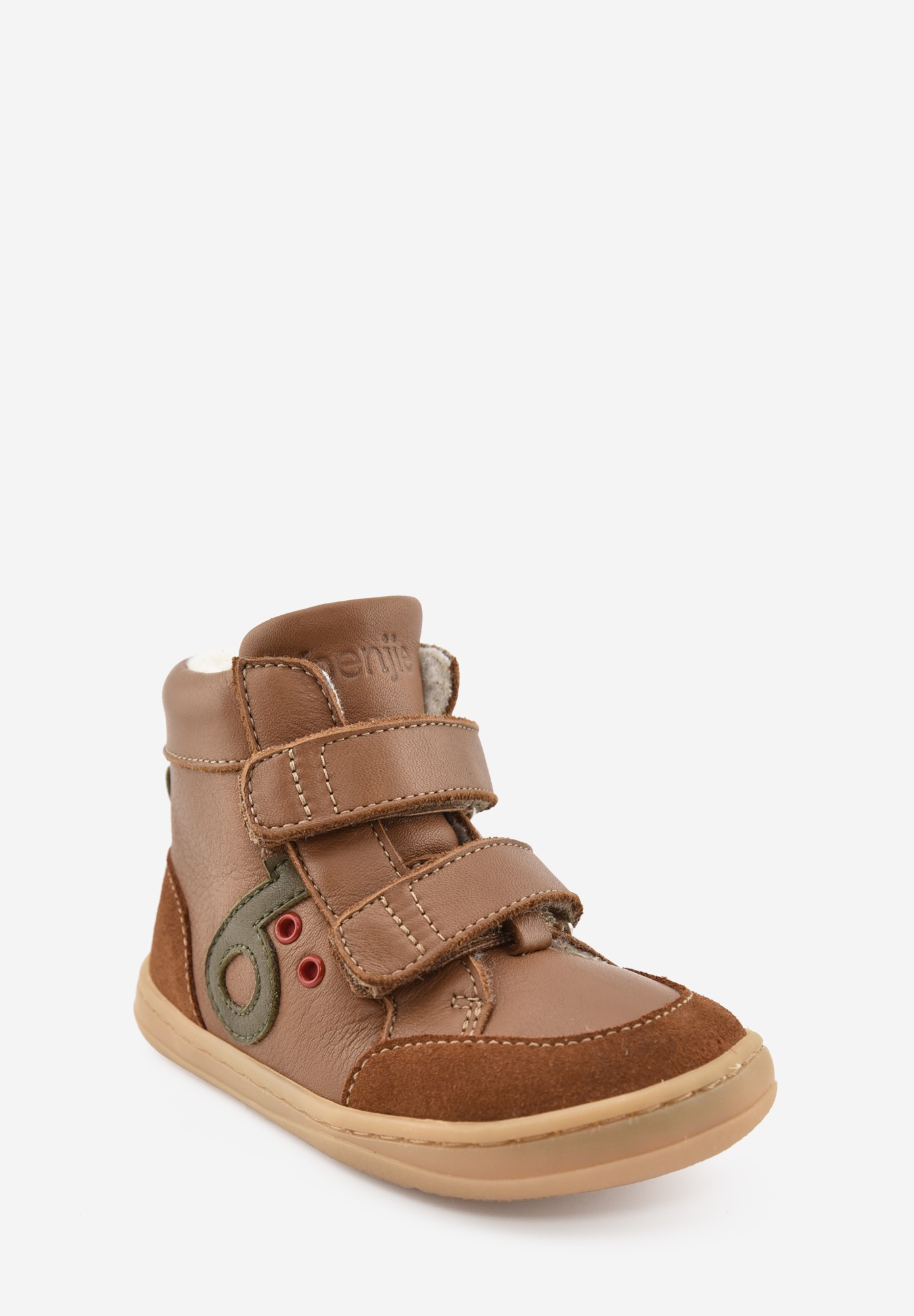 Aubépine High logo Barefoot Wollfutter erste Schritte Cognac Kaki
