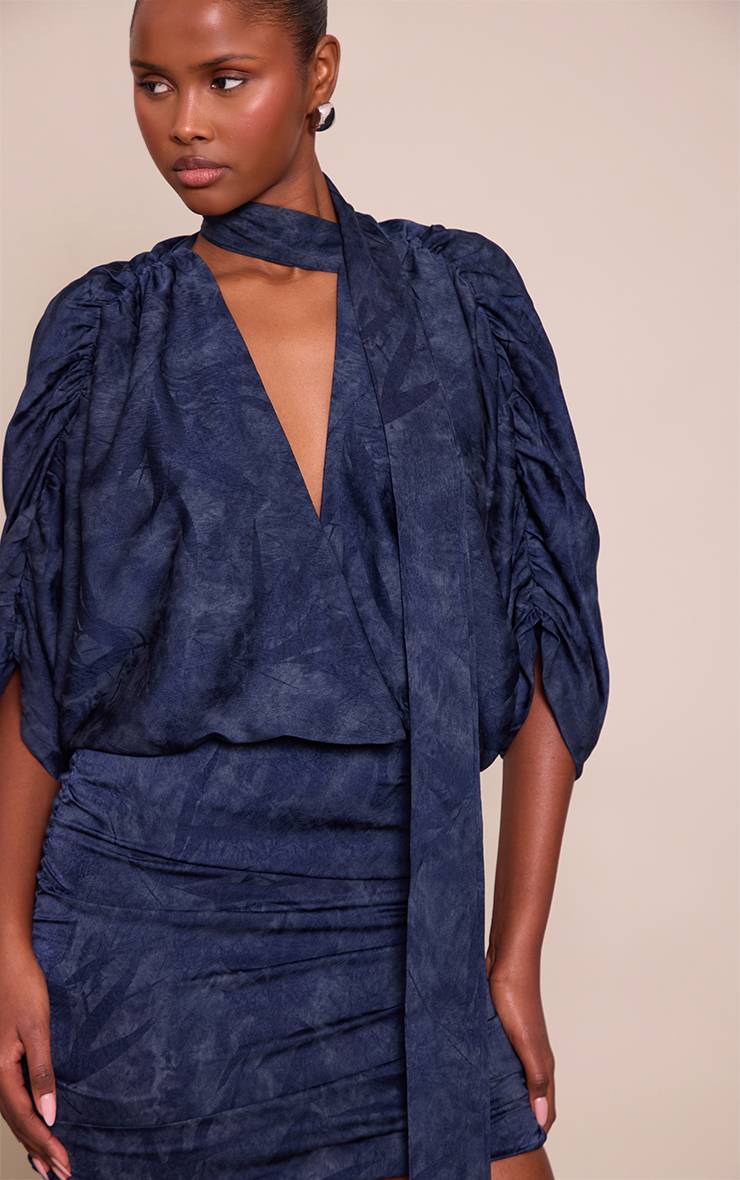 Bleu Robe Mini Col V En Satin Imprimé