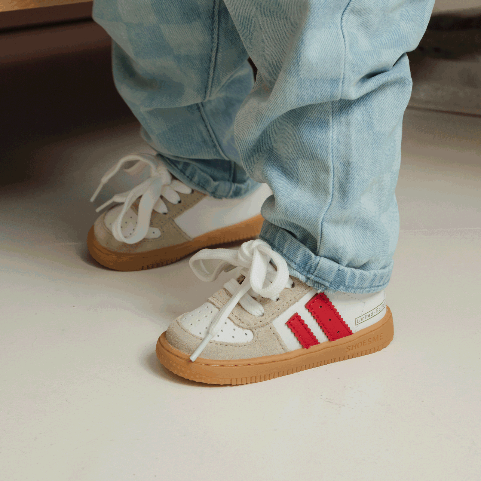 Shoesme wit-rood sneakertje Leer, Suède | Uni schoenen