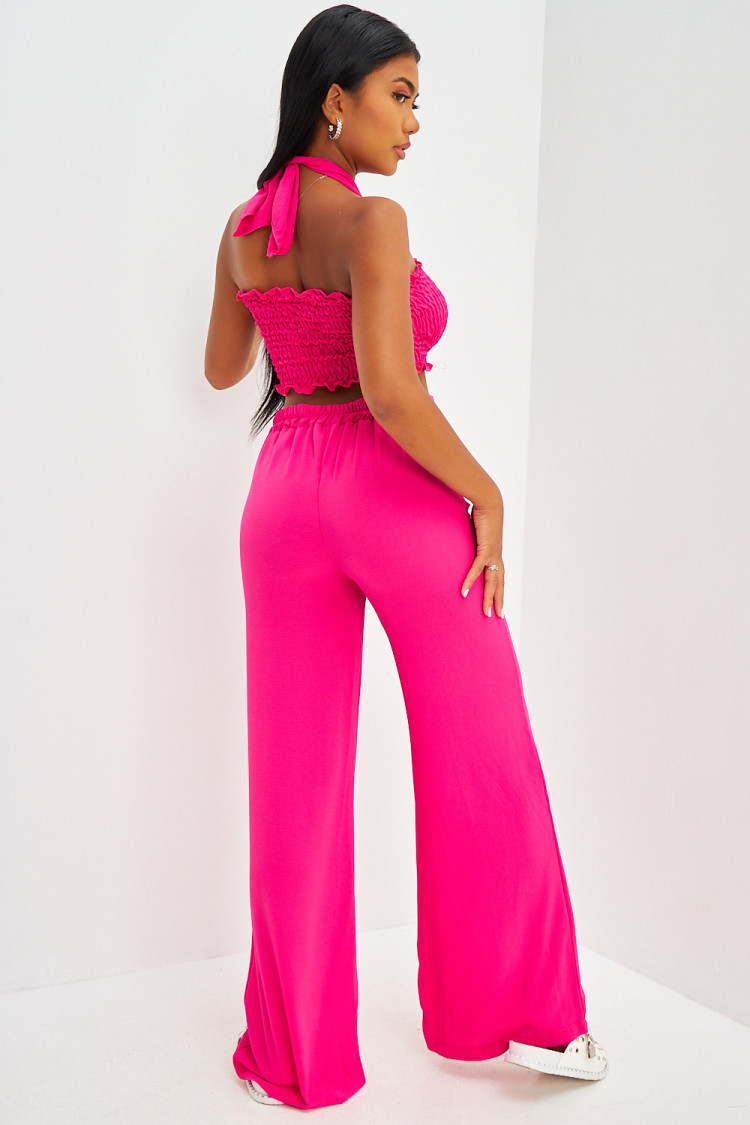 Ensemble top bandeau + pantalon ample rose fuchsia