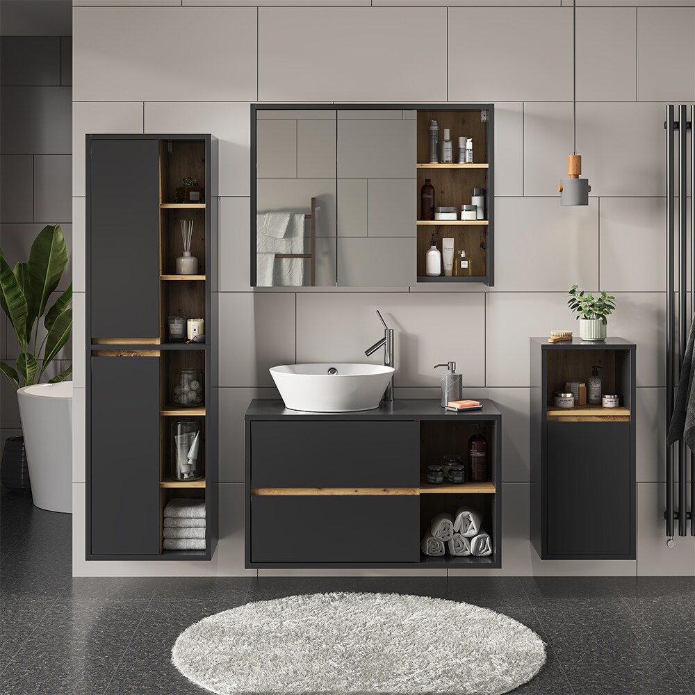 Vicco Badmöbel-Set Badezimmer-Möbel Bad-Schrank Viola Anthrazit Eiche modern Badezimmerschrank Waschtischunterschrank Spiegelschrank Midischrank Hochschrank Schranktür Schrankfach Ablage Aufbewahrung