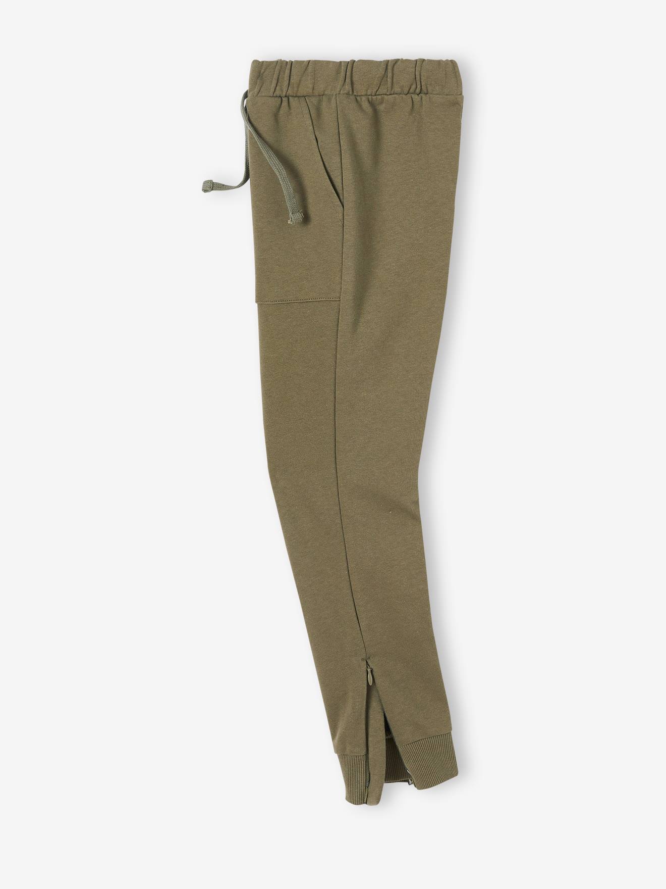 Calça de moletom esportiva preta com zíper na barra e bolsos laterais para meninos