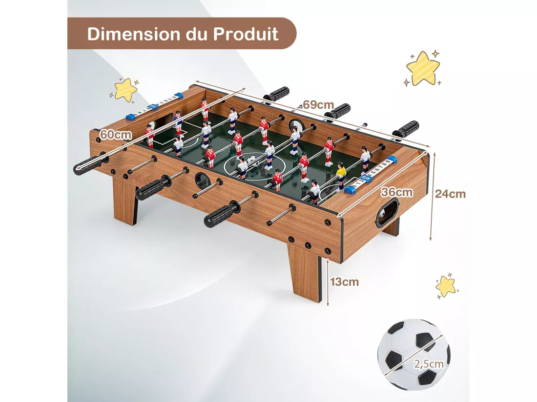 Baby-Foot en Bois avec Poignée Durable & 18 Joueurs, Table de Jeu avec 2 Ballons & 2 Tableau de Bord, Jouets pour Adulte et Enfant pour Fête, Bar, Salle de Jeux, 69 x 36 x 24 cm