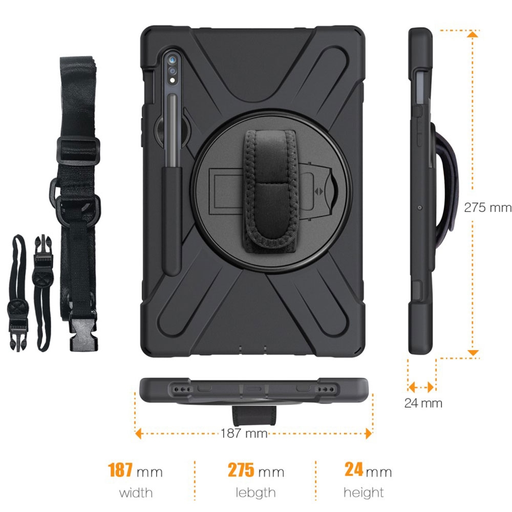 Samsung Galaxy Tab S8 / Tab S7 Hybrid Outdoor Silikon Case Hülle mit Aufsteller Handschlaufe Schultergurt   S-Pen Halterung - Schwarz
