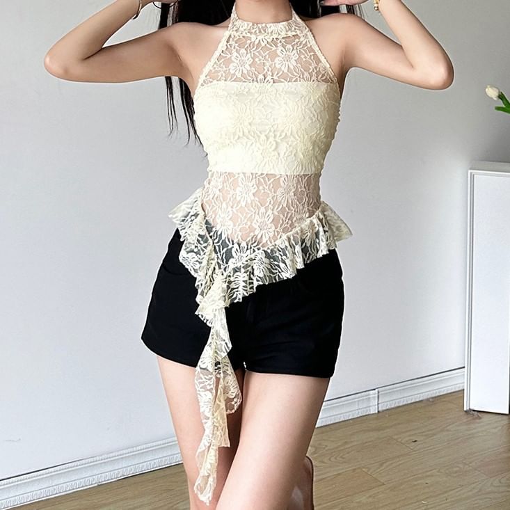 HERMITAKH - Haltermockneck Effen Asymmetrische Ruffle Trim Open Rug Kant Crop Top
