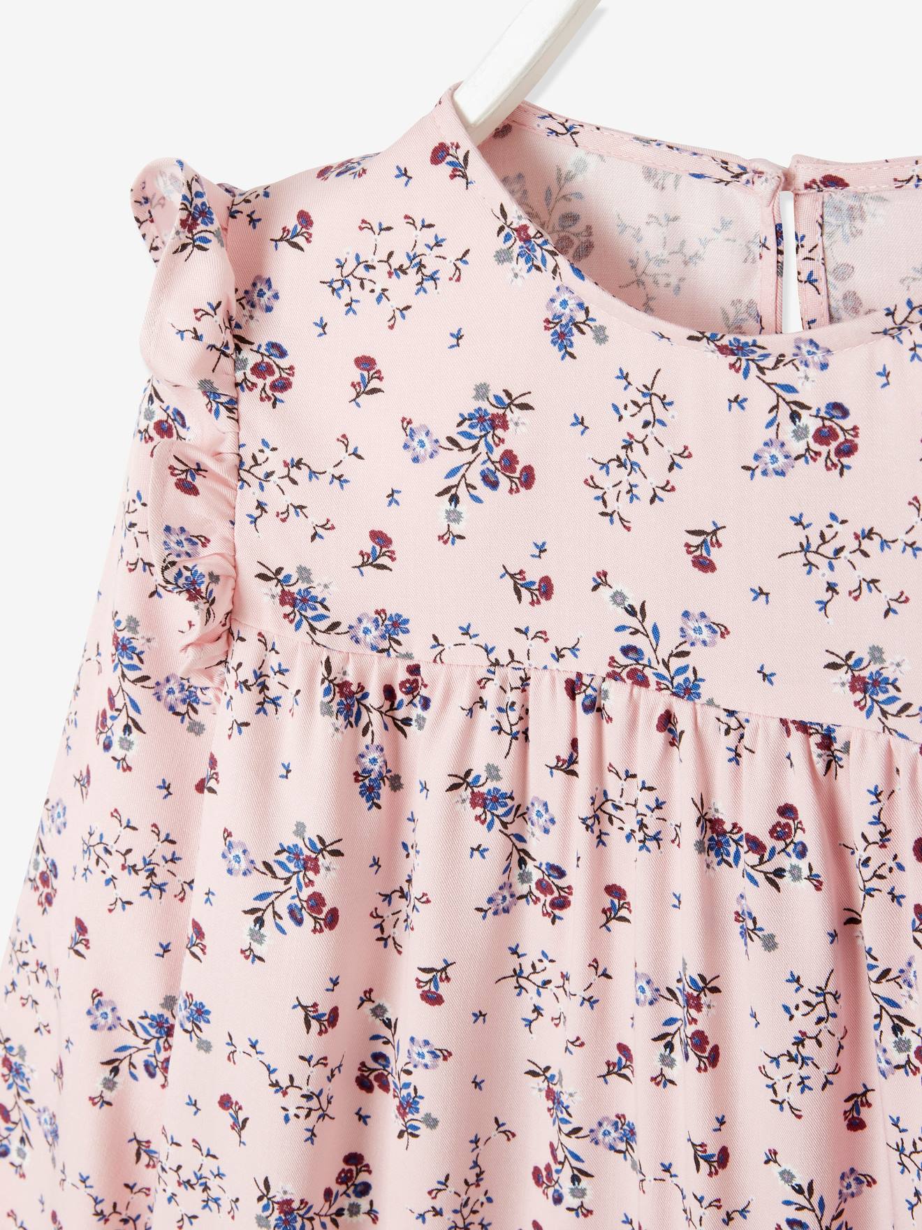 Vestido fluido com babados e motivos florais, para meninas, azul escuro