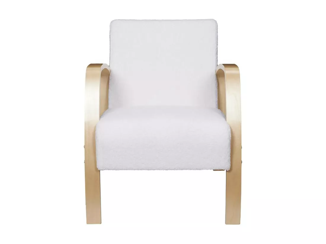 KAUPA - Fauteuil en Tissu Bouclettes Blanc Accoudoirs Bois