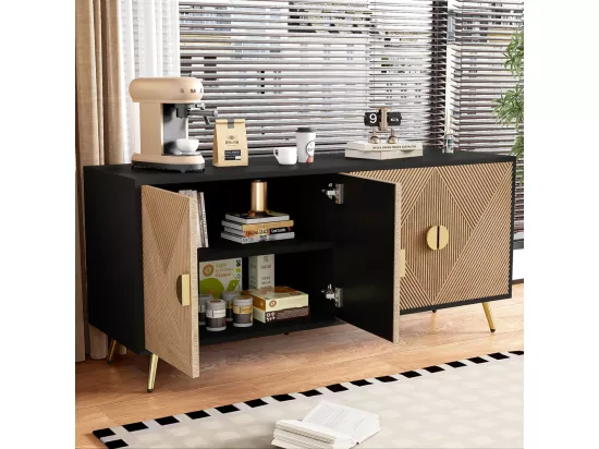 Buffet à quatre portes avec poignées en or brossé et pieds brillants Design symétrique Noir