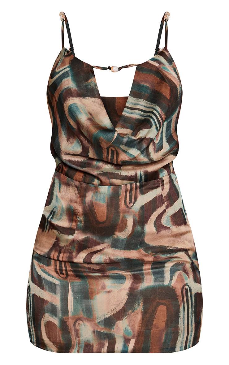 Blue Abstract Robe Mini À Col Bénitier Avec Détail De Finition Imprimé Synthétique