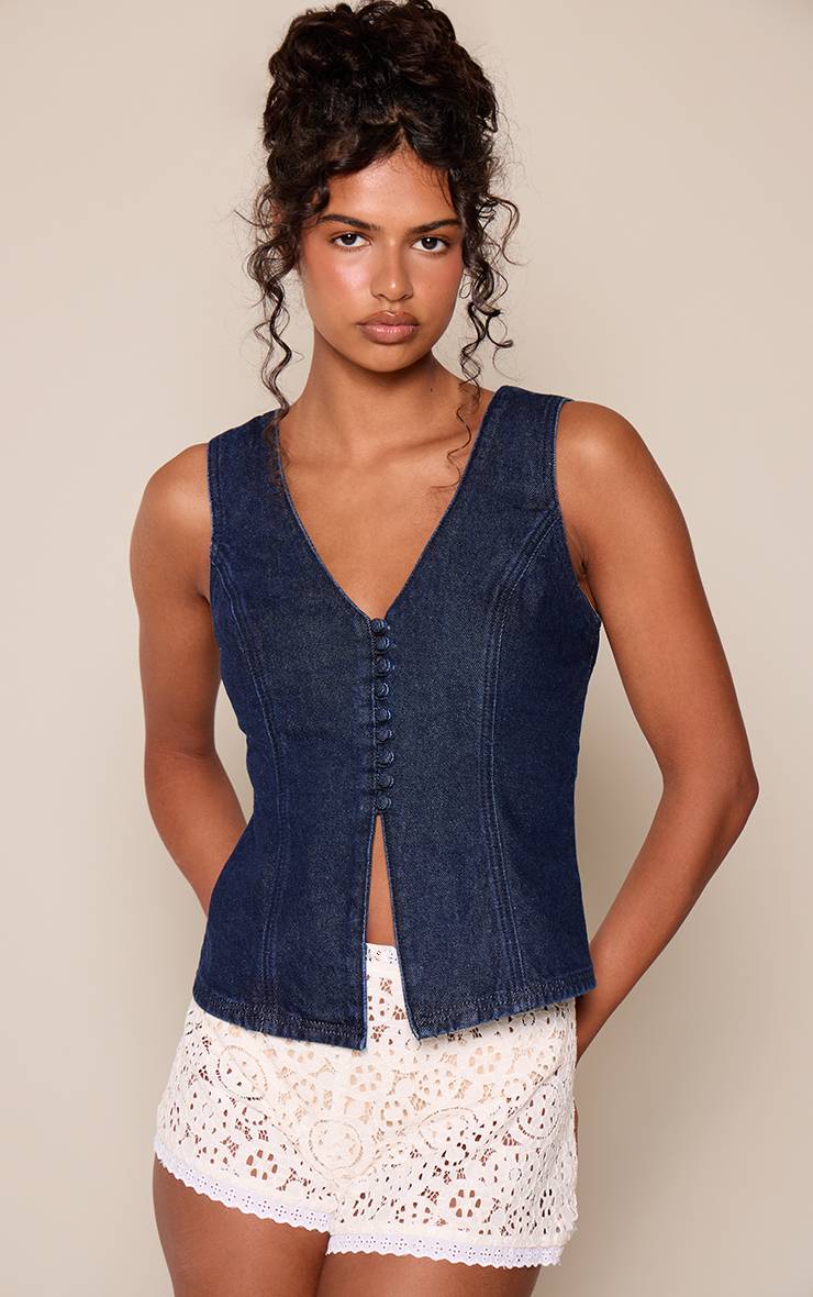 Bleu Indigo Haut En Denim Dos Nu Avec Détail De Boutons Recouverts