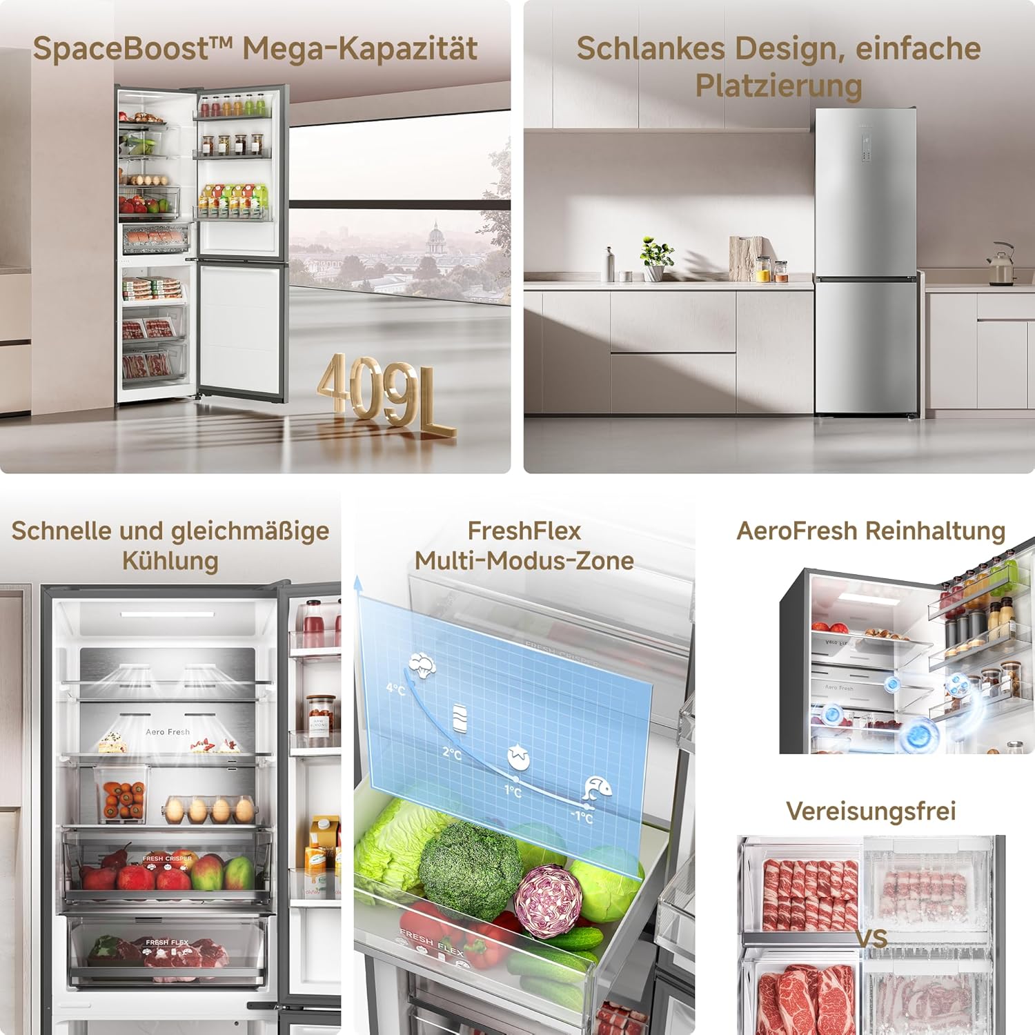 dreame Mega Pro 409 L Kühlschrank mit SpaceBoost Mega-Kapazität, schlankem Design, schneller und gleichmäßiger Kühlung, FreshFlex Multi-Modus-Zone, AeroFresh Reinhaltung und vereisungsfreier Funktion