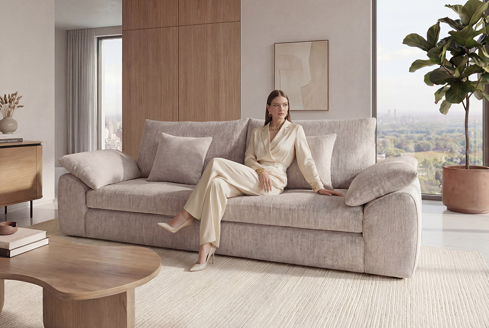 Stilvolles Sofa SOHO 225cm beige Chenille 3-Sitzer Couch mit Wellenunterfederung