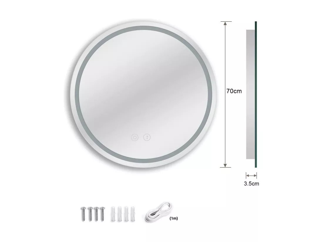 Miroir Rond Salle de Bain avec Eclairage LED, Miroir Maquillage Anti-buée, Miroir Mural 3 Couleurs Dimmable,70x70cm