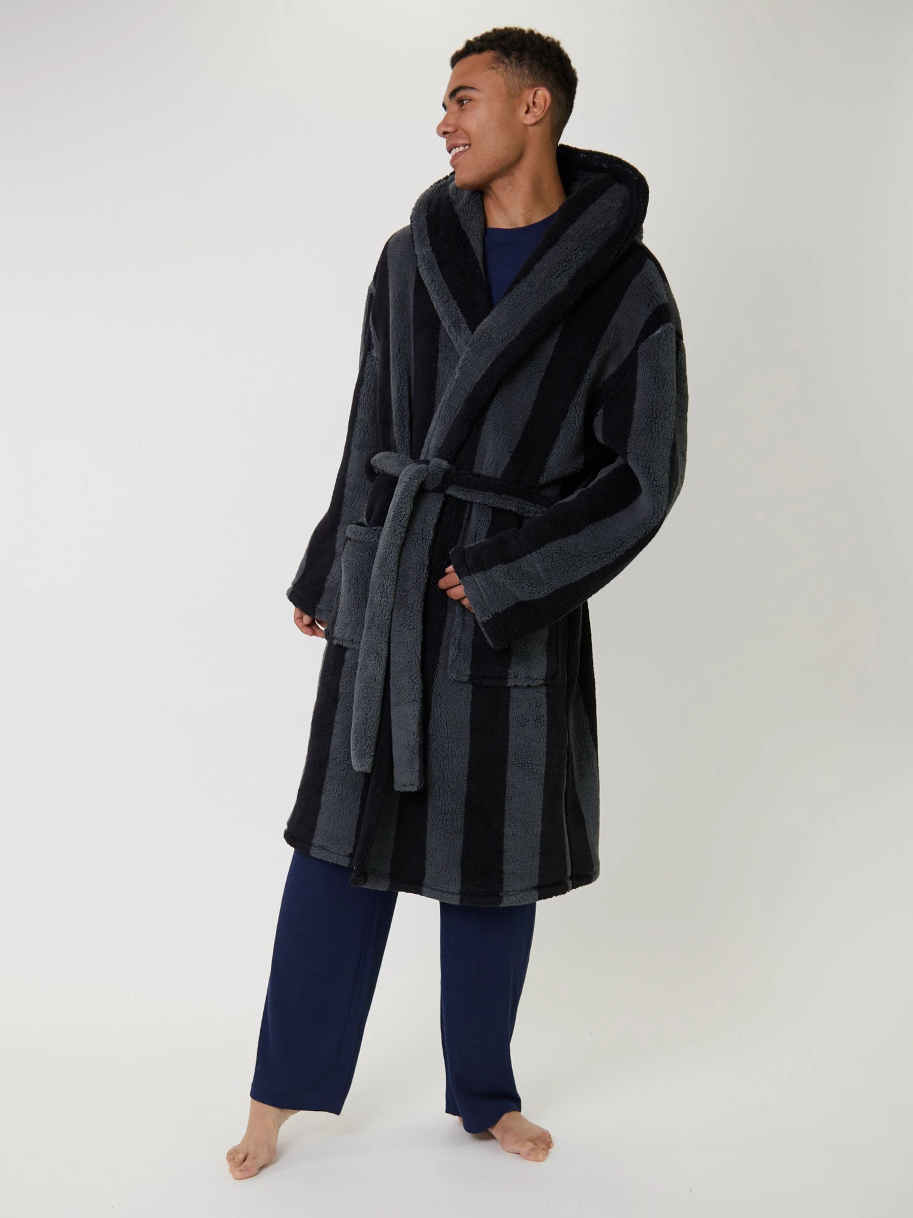 Loungeable Stripe Sherpa Hooded Dressing Gown