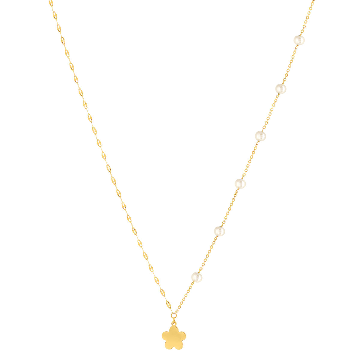 Collier acier doré 4 perles d'eau douce et 1 pampille fleur 45 cm