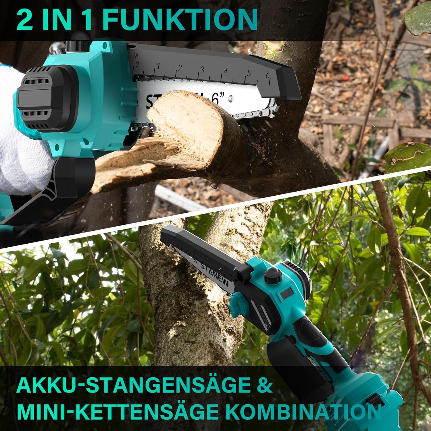 2-in-1 Teleskop Kettensäge STANEW, bürstenlose Mini-Kettensäge, mit 2 x 4000mAh Akkus, 6 Zoll, max.Arbeitshöhe 4,55 M, Multi-Winkelverstellung von 0-120°,mit LCD-Display