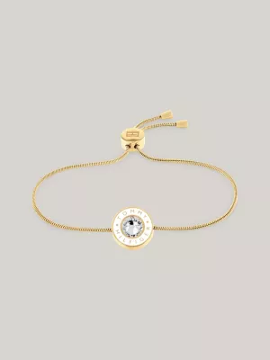 Pulseira deslizante com logotipo em esmalte branco e banho de ouro