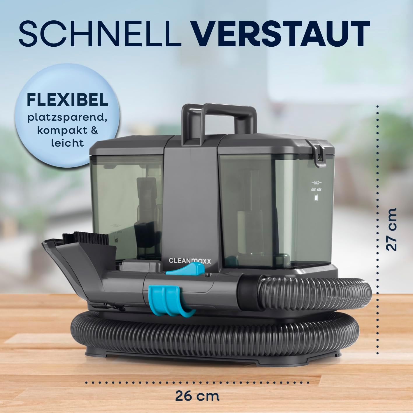 CLEANmaxx Polster- & Teppichreiniger Kompakt | 3-in-1 Waschsauger Gerät mit Doppeltank-System & Easy-Fill | Auch als Dampfreiniger, nass Trockensauger und Fleckenreiniger verwendbar