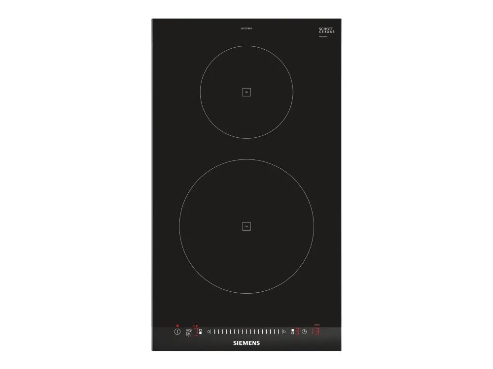 Siemens iQ100 EH375FBB1E - Induktions kogeplade - 2 plader - Niche - bredde: 27 cm - dybde: 49 cm - med rustfrit stål-sidepynt, - med facetteret frontkant - børstet aluminium/sort