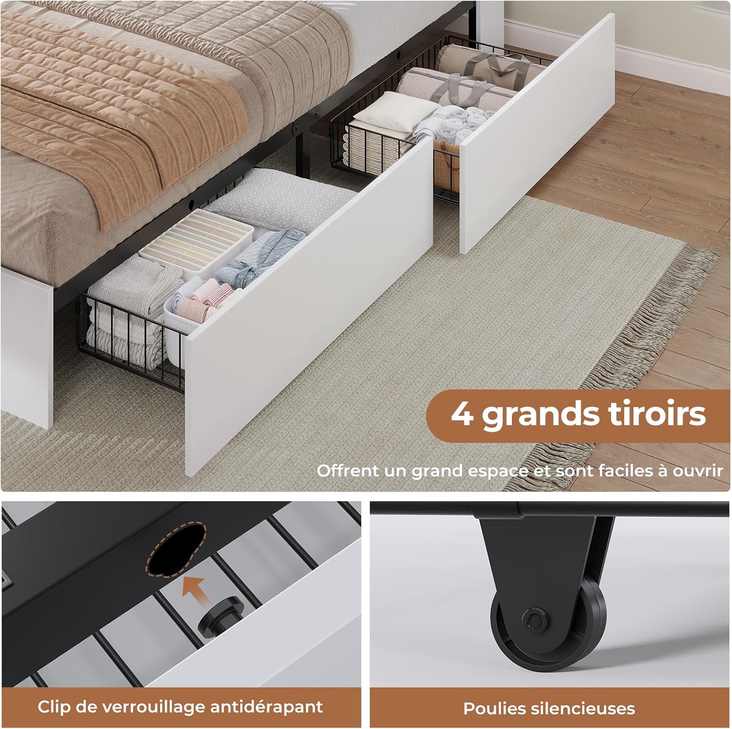 AOGLLATI Bett 140×200 cm, Polsterbett mit Ladestation und LED-Beleuchtung, Doppelbett Stauraumbett mit Stauraum Kopfteil, 4 Schubladen, Lattenrost, ohne Matratze(für 140 x 200 cm Matratze), weiß
