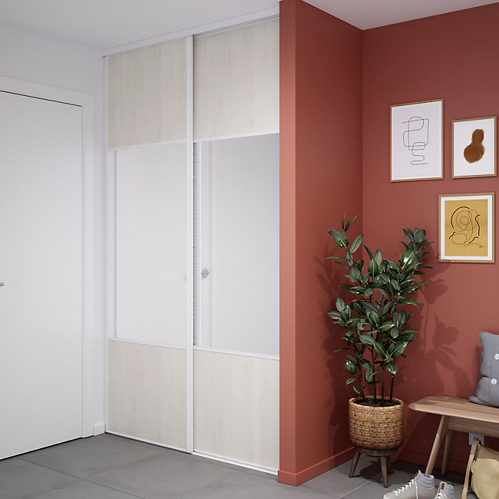Porte de placard coulissante avec miroir bois nordique profil blanc GoodHome Arius H. 248,5 x L. 77.2 cm + amortisseurs