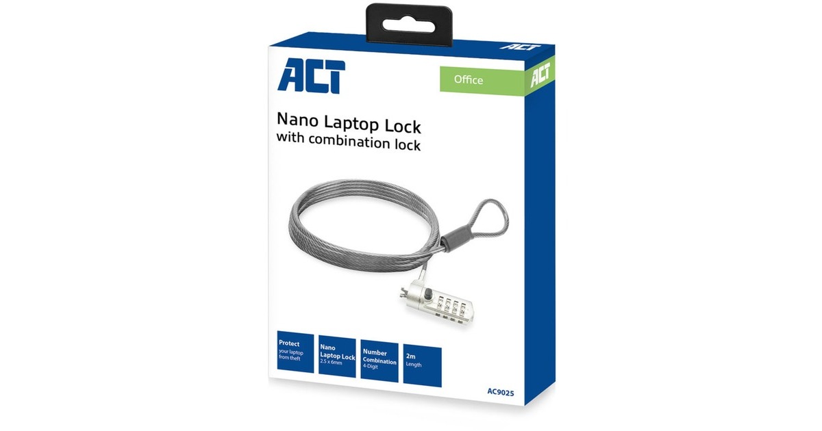 ACT ConnectivityNano laptopslot met cijfercode diefstalbeveiliging  (Grijs, 2 meter)