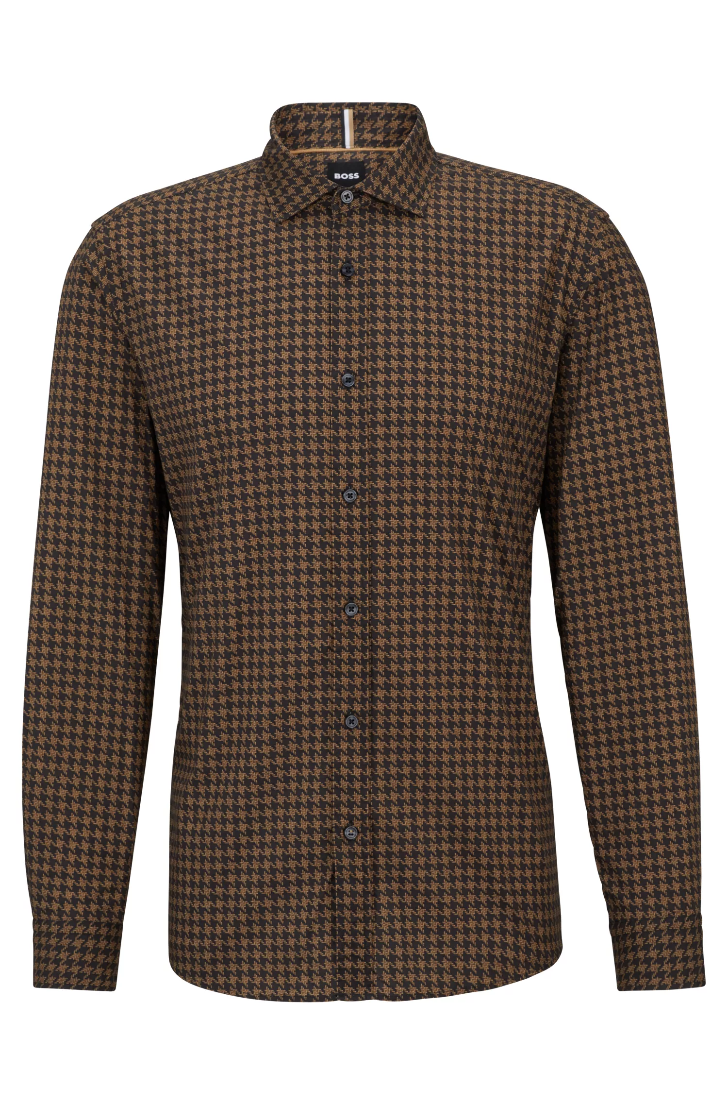 Camisa BOSS preta de corte slim em algodão elástico com estampa pied-de-poule.