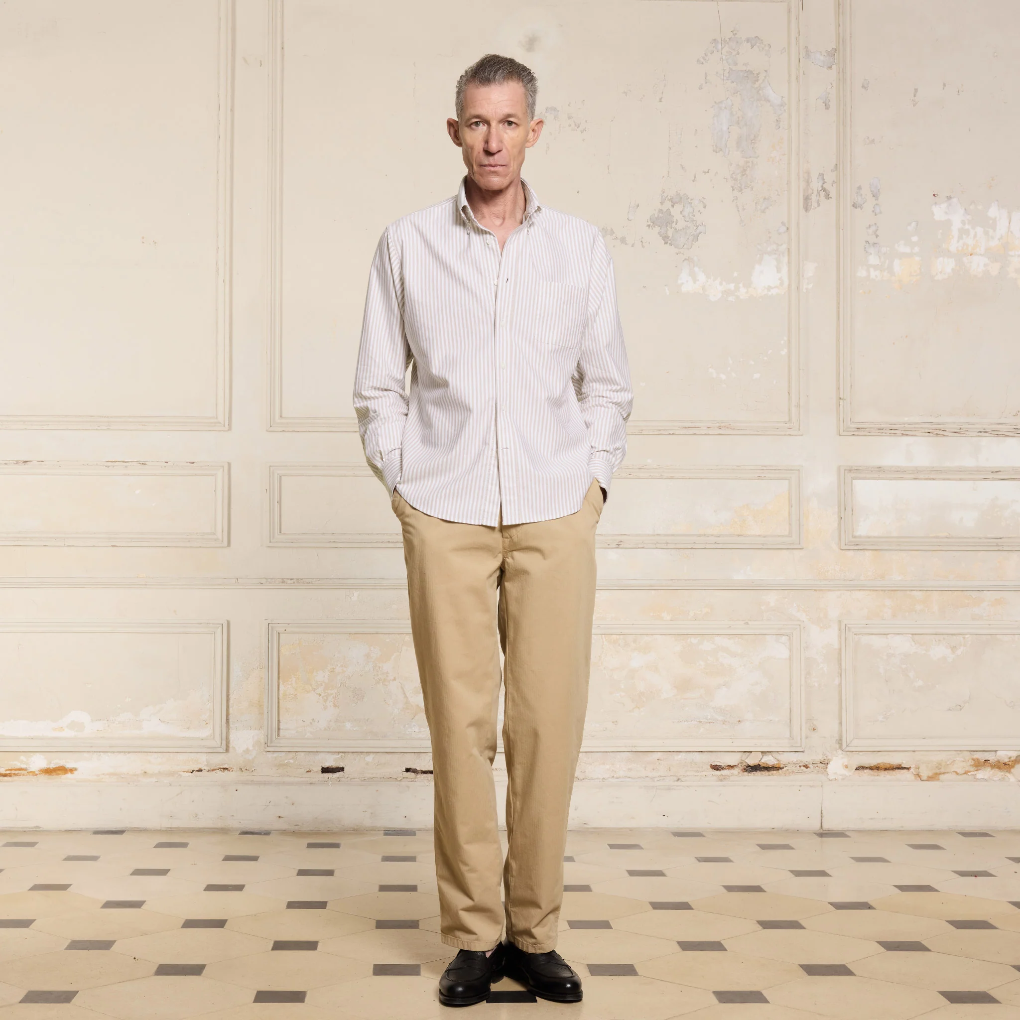 Organic cotton shirt with beige and white stripes