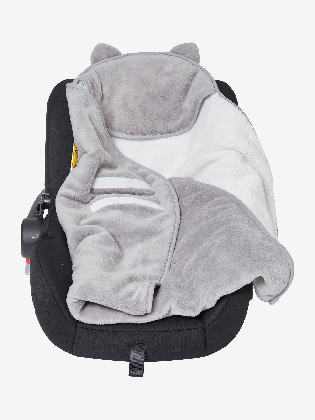 Manta para bebê com capuz, feita de microfibra e fleece cinza liso.