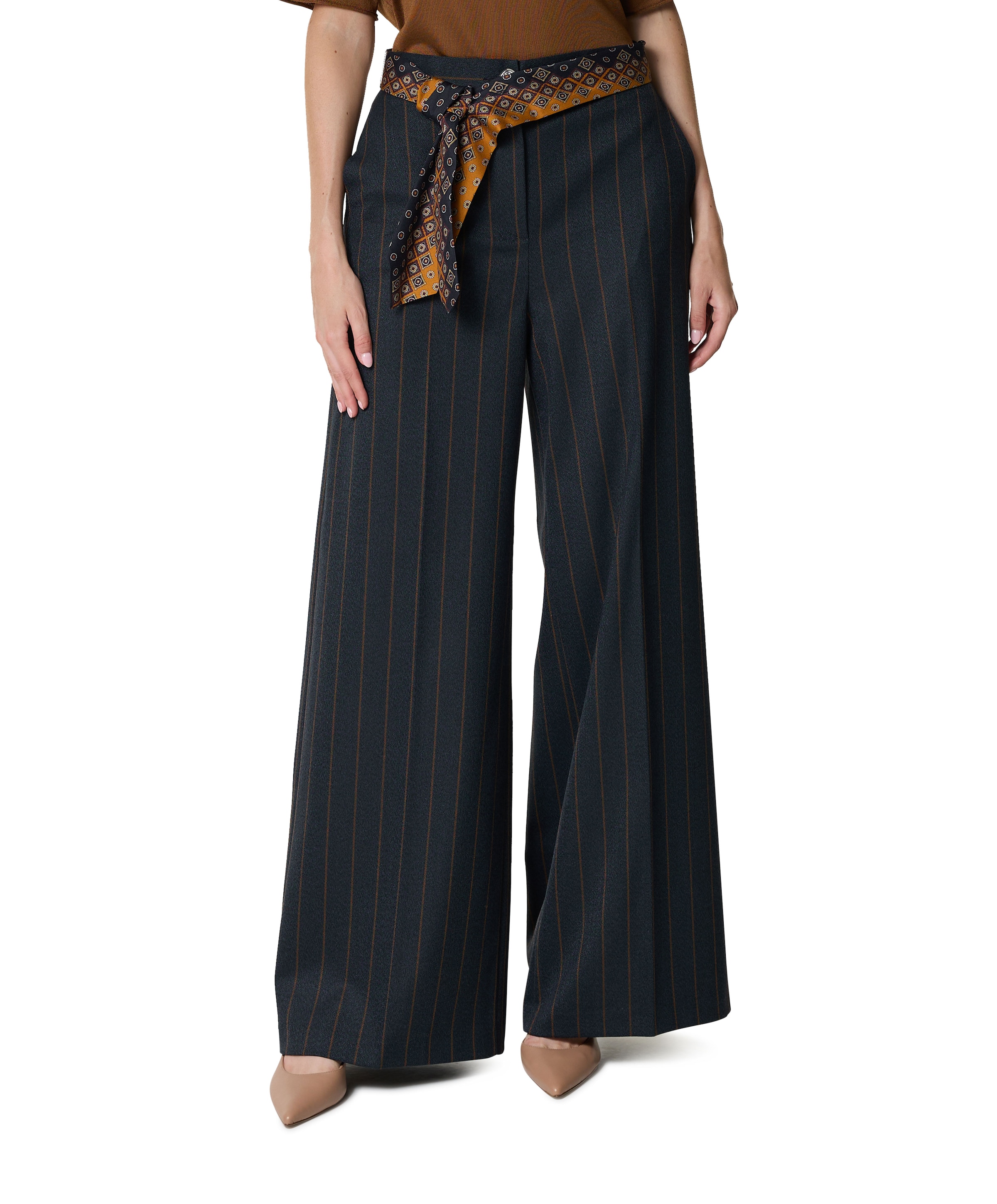 Caroline Biss gestreept-ceintuur dames pantalon blauw