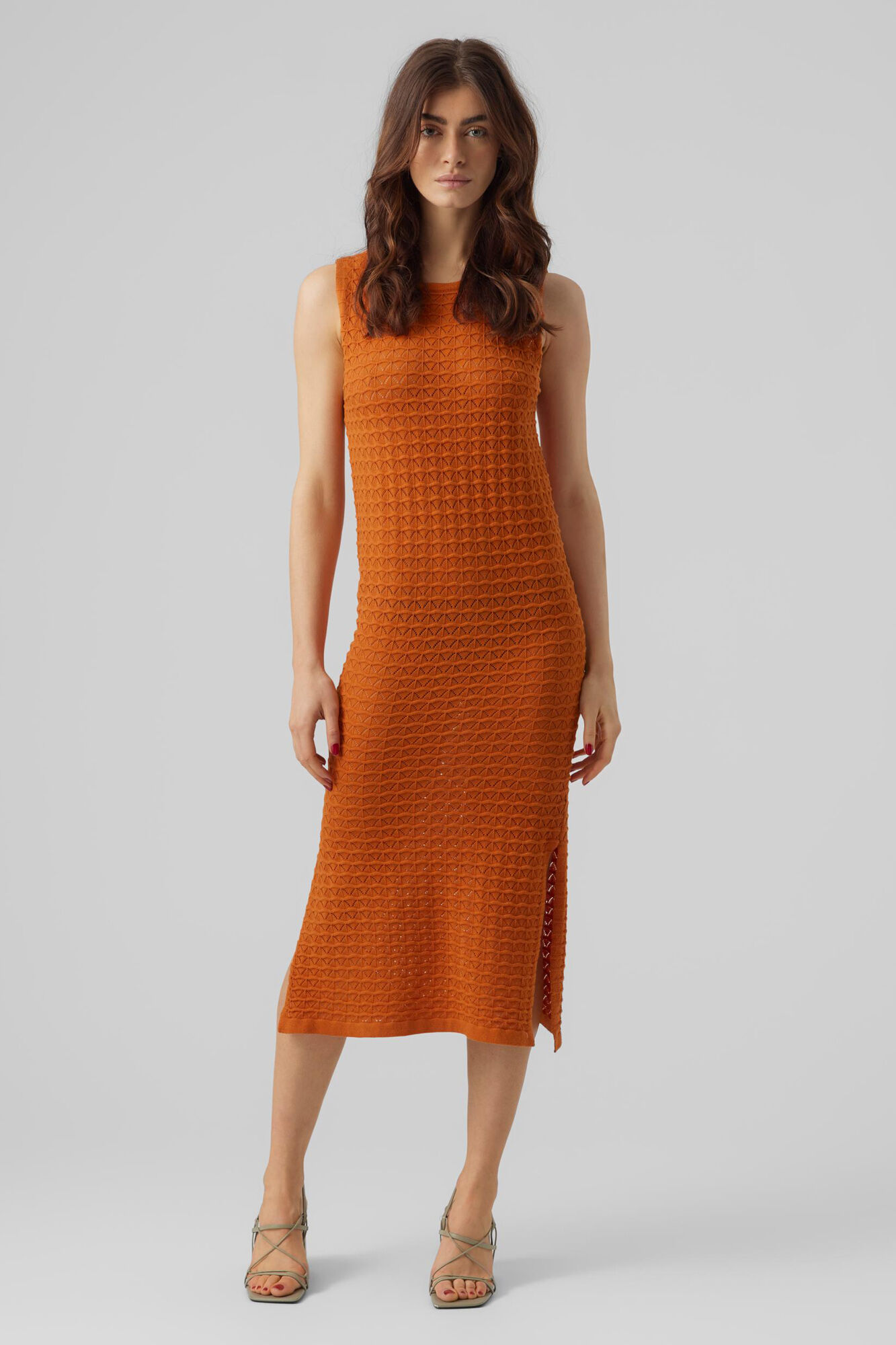 Vestido midi de crochê sem mangas - Laranja