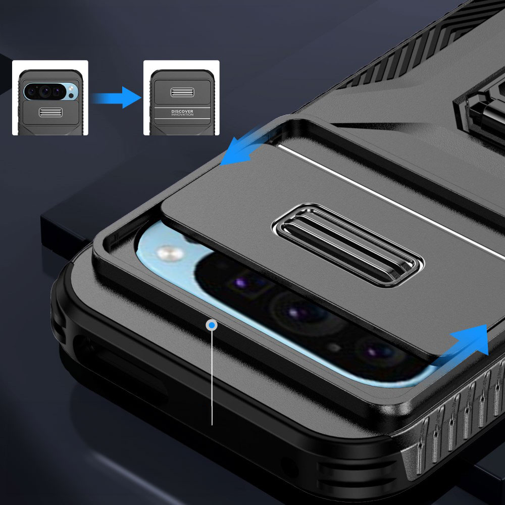 Google Pixel 9 / Pixel 9 Pro Hybrid Outdoor Hardcase Hülle mit Cam-Slider   Magnetischer Kickstand - Schwarz