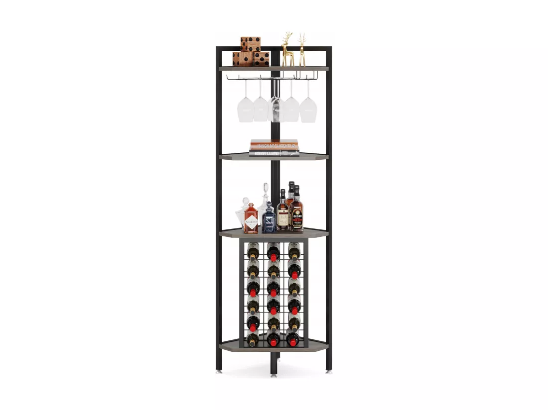 Casier à Vin, Étagère à vin d'angle avec Support en Verre et étagères de Rangement, Casier à vin Bouteilles pour Bar à vin, Cuisine, Salle à Manger, Gris
