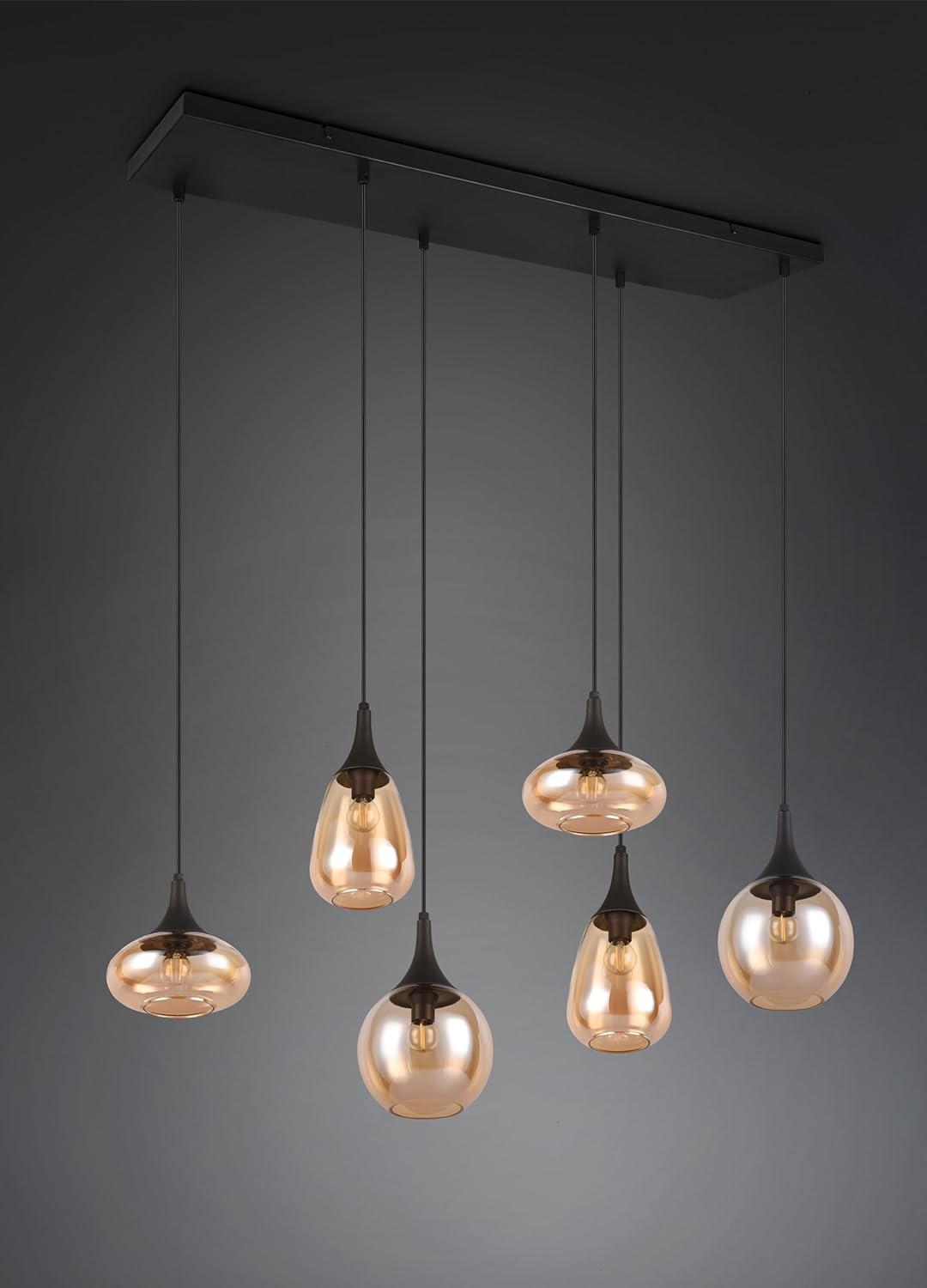 Trio Leuchten Pendelleuchte Lumina 317000613, Metall Schwarz matt, Glas amber, exkl. 6x E14, Bernsteinfarben