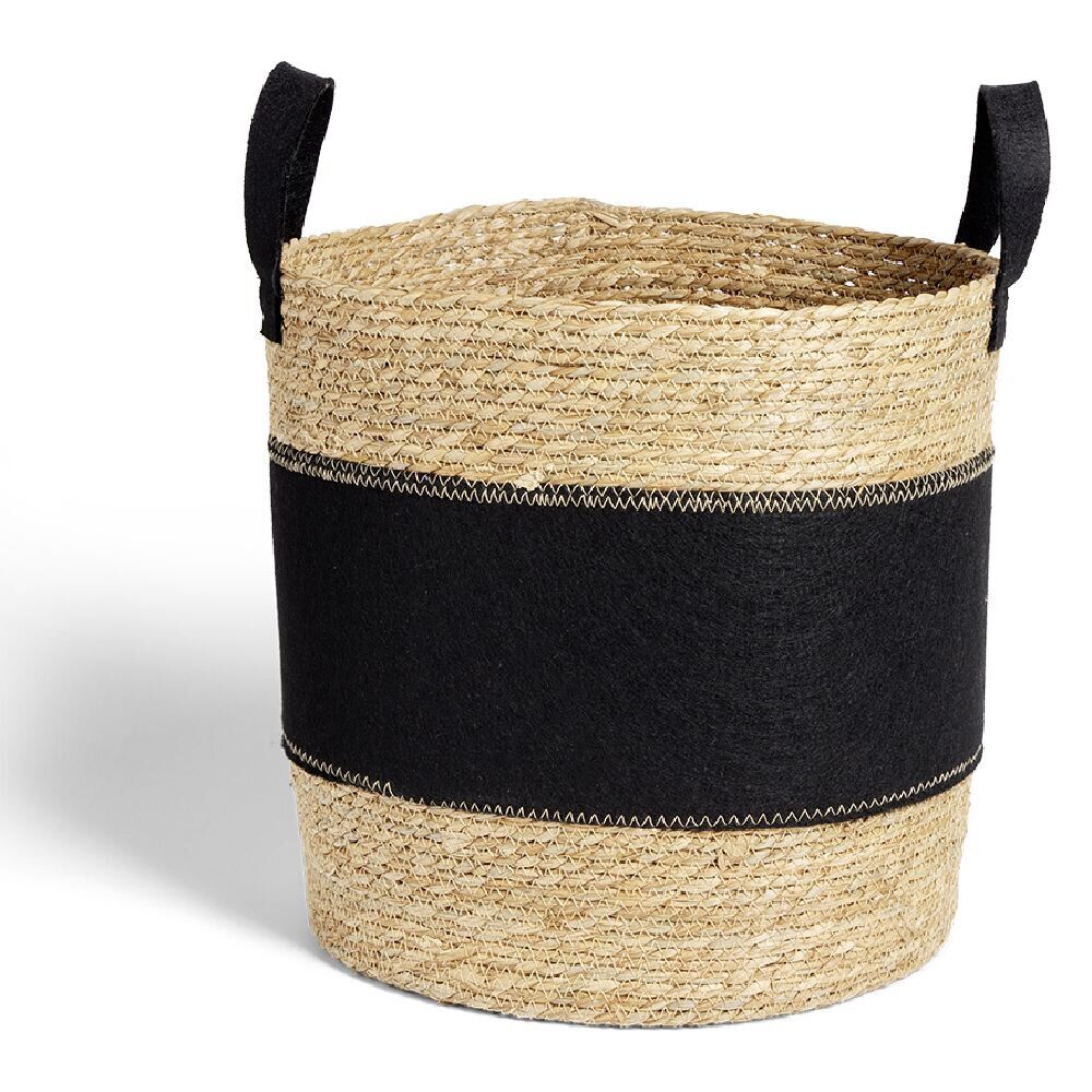 Panière à linge ronde 52L Ø37xH38cm jonc de mer et feutrine noir