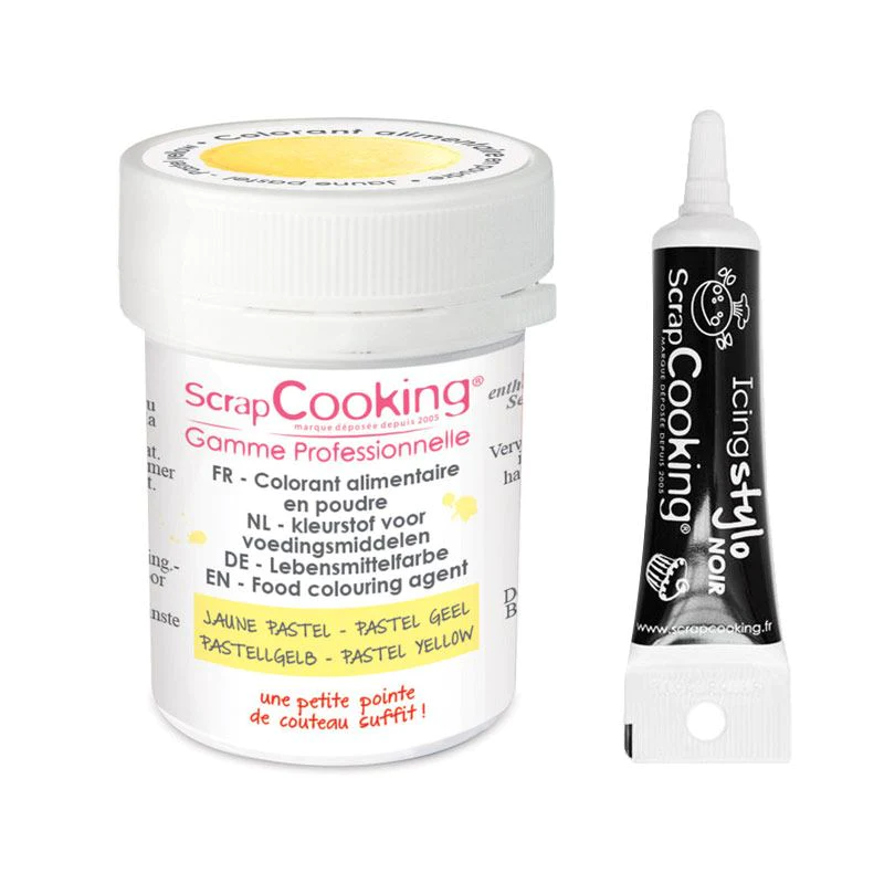 Colorant alimentaire en poudre jaune pastel + Stylo glaçage noir Scrap