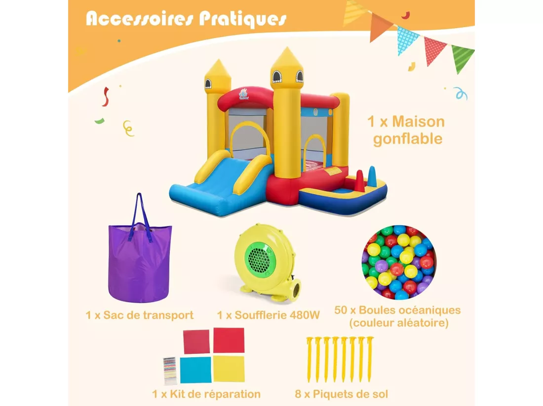 Château Gonflable 6 en 1 Enfants avec Souffleur 480W, Maison de Saut Gonflable en Tissu et velours Oxford avec Piscine à Balles, Panier de Basket, Toboggan, 50 Balles pour Jardin Pelouse Fête, 3-10 Ans