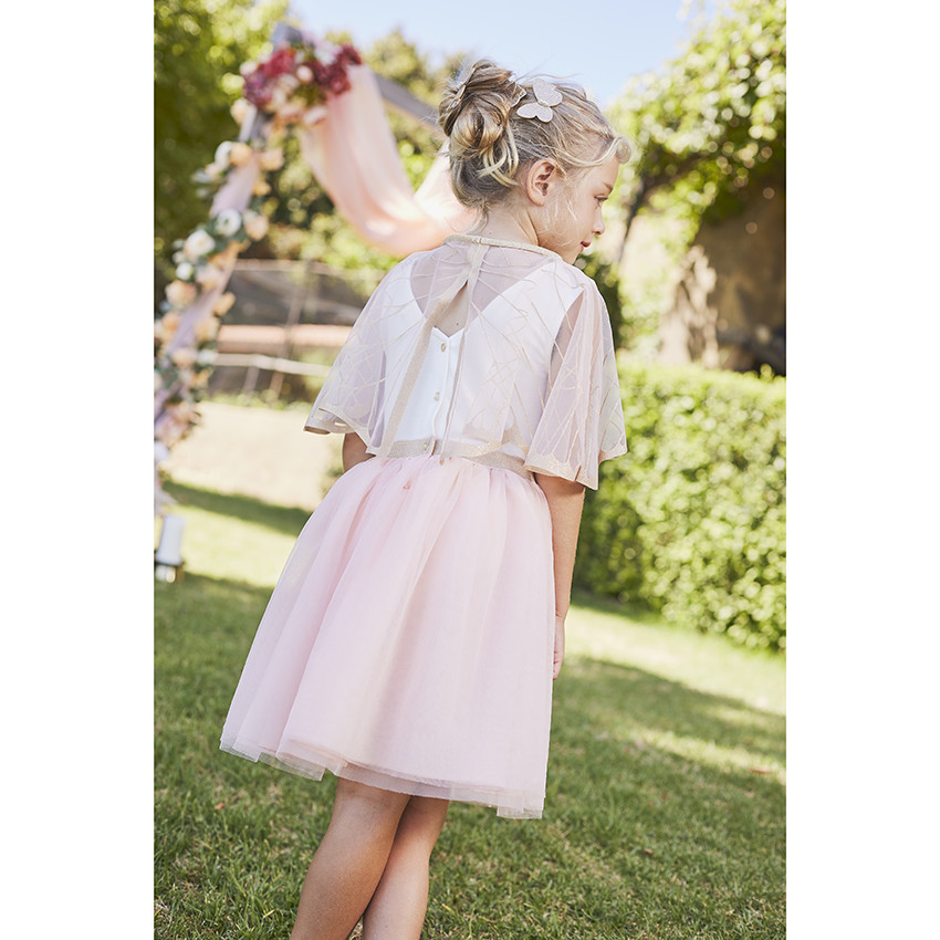 Robe de cérémonie bi-matière en jersey et tulle + cape papillon pour fille