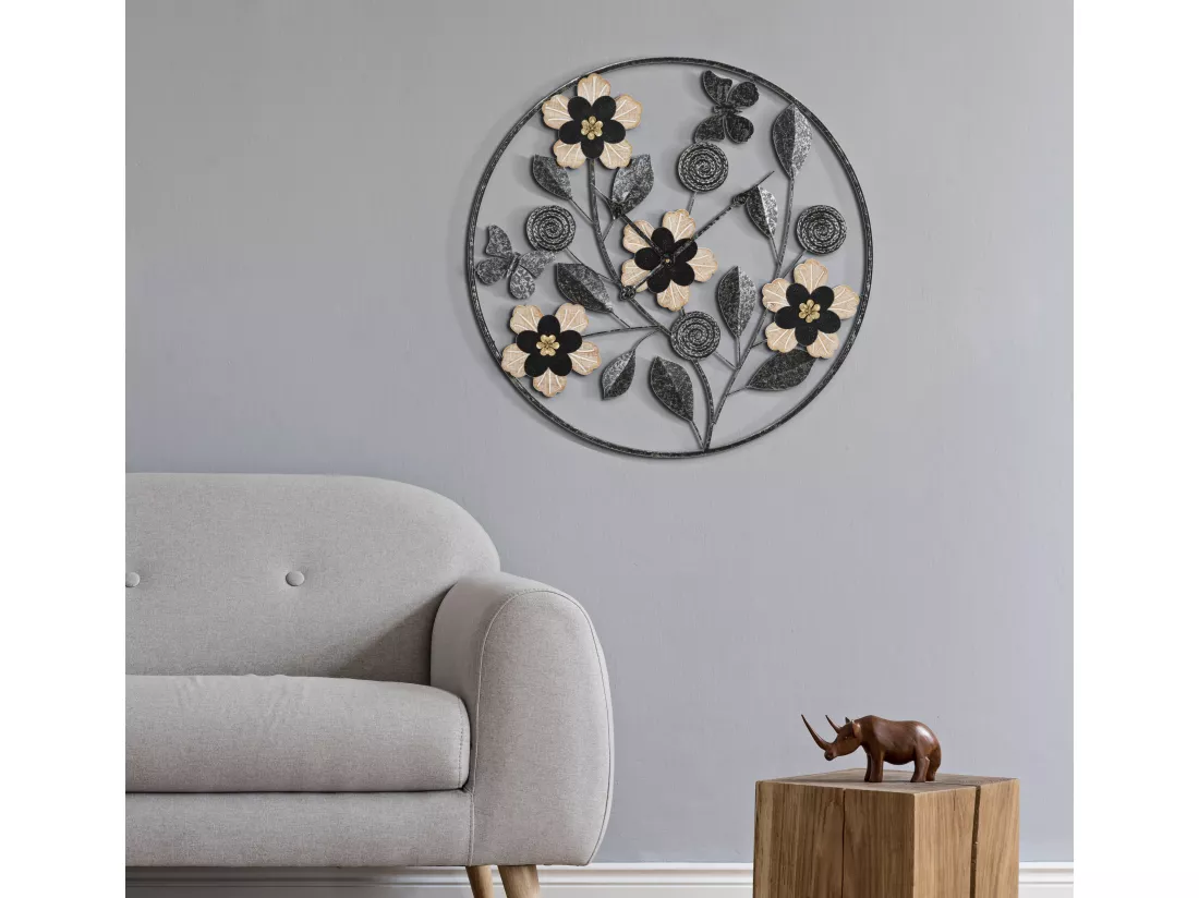Horloge Murale Rond Divaker - Cadre Décoré avec Motifs Fleurs, Feuilles et Papillons - Ø 67x5,5 cm