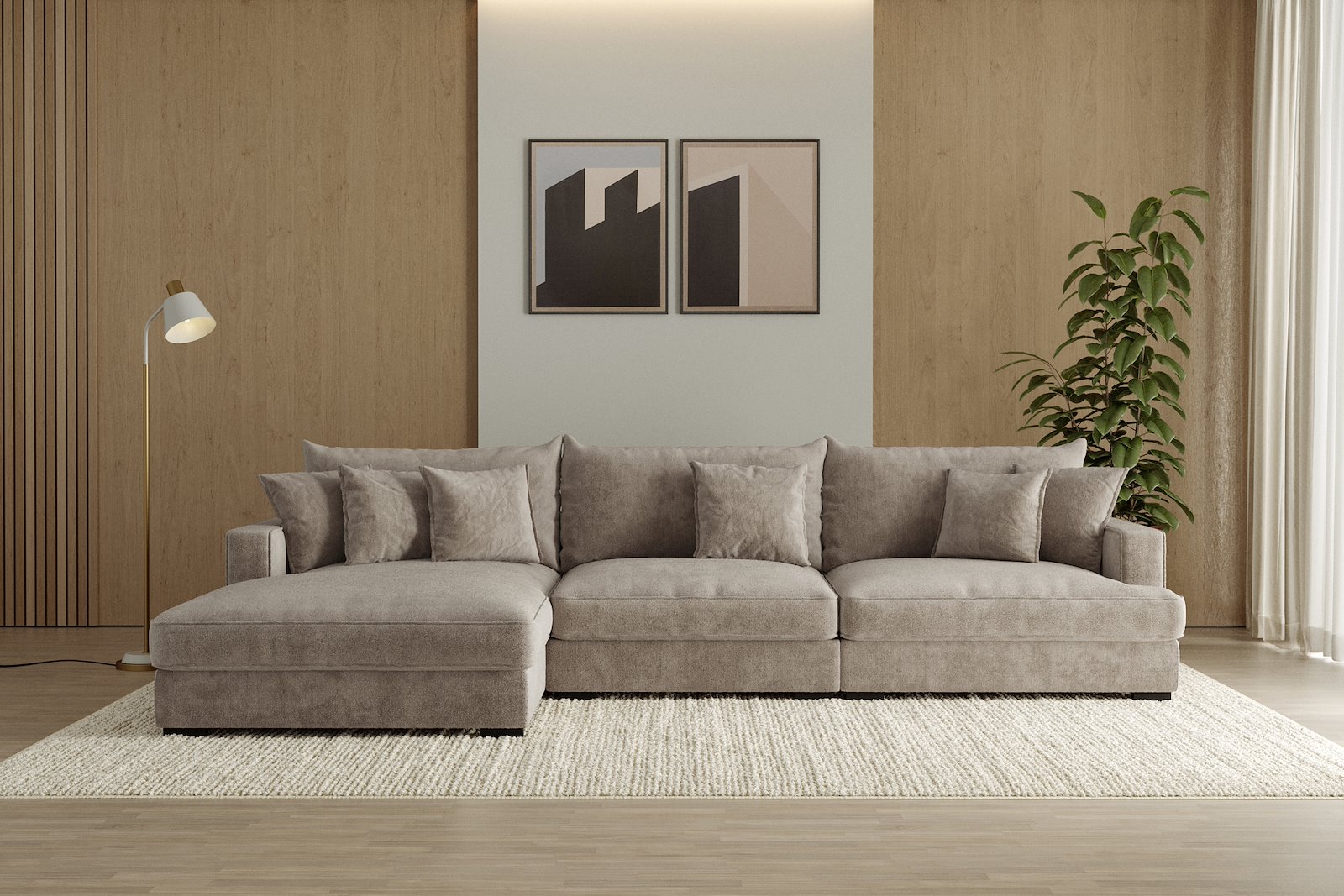 Rossi 3-seter med sjeselong venstre Tekstil Genesis 4 Beige, arm A med sorte ben. Std. Komfort.