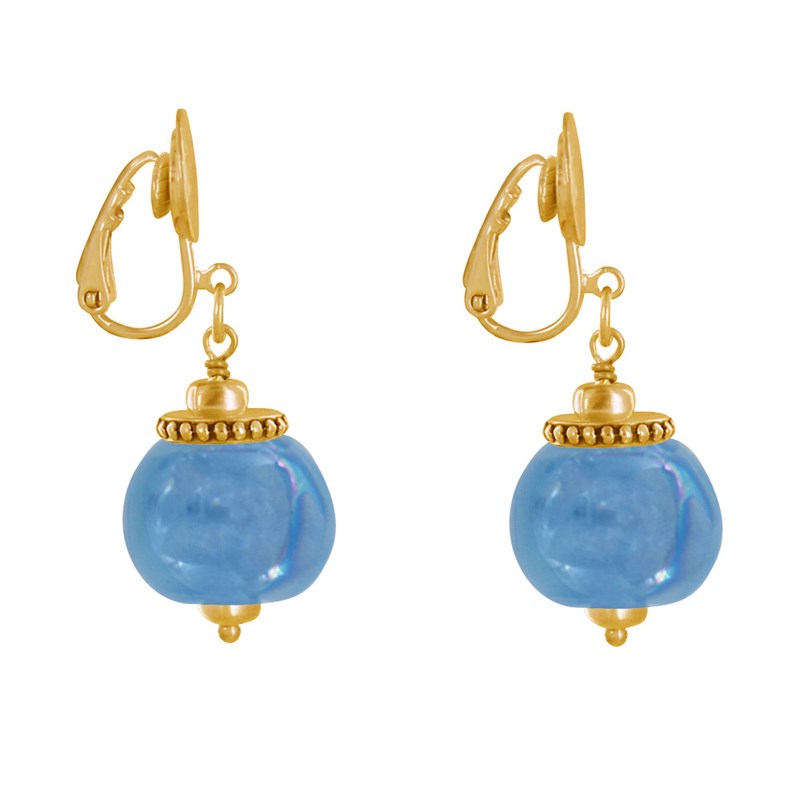 Boucles d'Oreilles Clip Métal Doré et Grosses Perles en Céramique