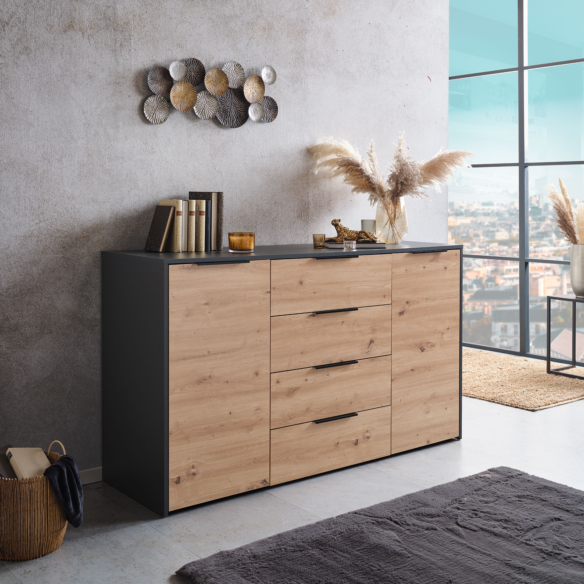 Sideboard - Artisan Eiche - anthrazit - 50 cm Übertiefe - 161 cm breit